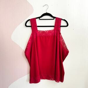 Red Lace Trim Tank Top, Coquette Y2K Romantic‎ Goth Indie Sleaze Vintage 2X